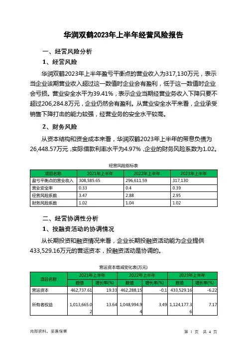 600062华润双鹤2023年上半年经营风险报告