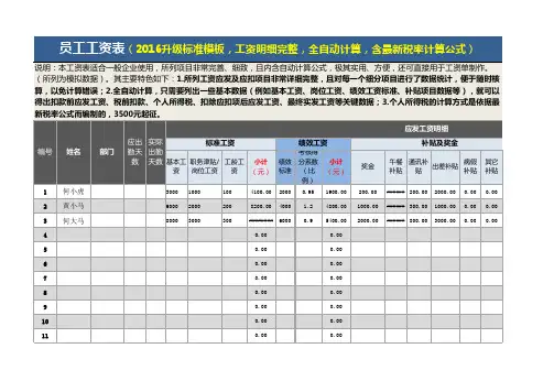 员工工资表(2016升级标准模板,工资明细完整,全自动计算,含最新税率计算公式).xlsx
