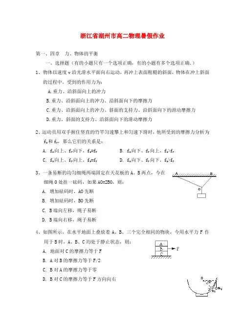 浙江省湖州市高二物理暑假作业