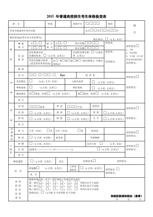 2015年普通高校招生考生体格检查表
