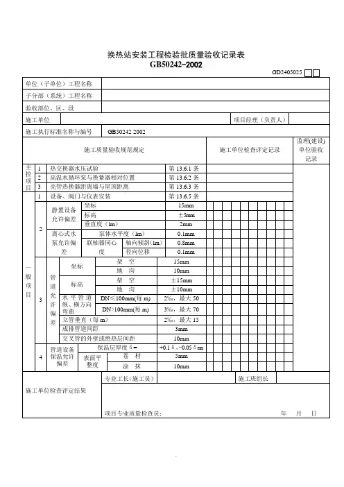 【管理精品】换热站安装工程检验批质量验收记录表