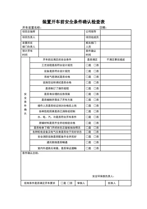 装置开车前安全条件确认表