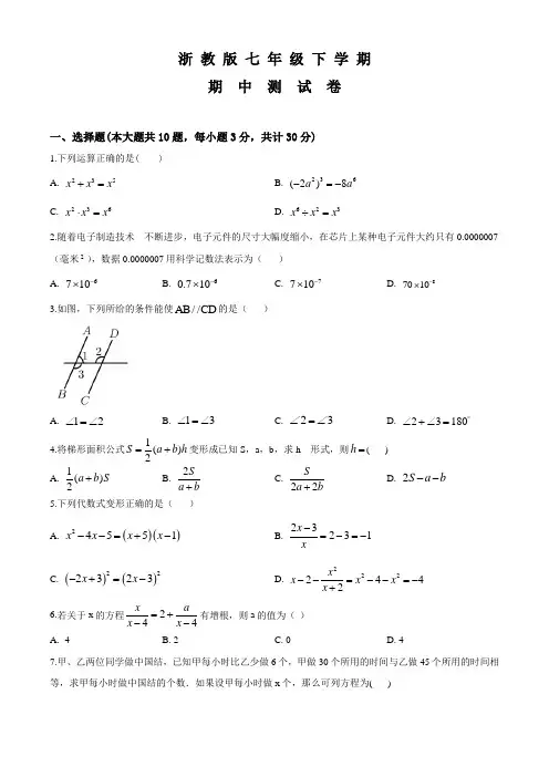 浙教版数学七年级下学期《期中检测试题》带答案