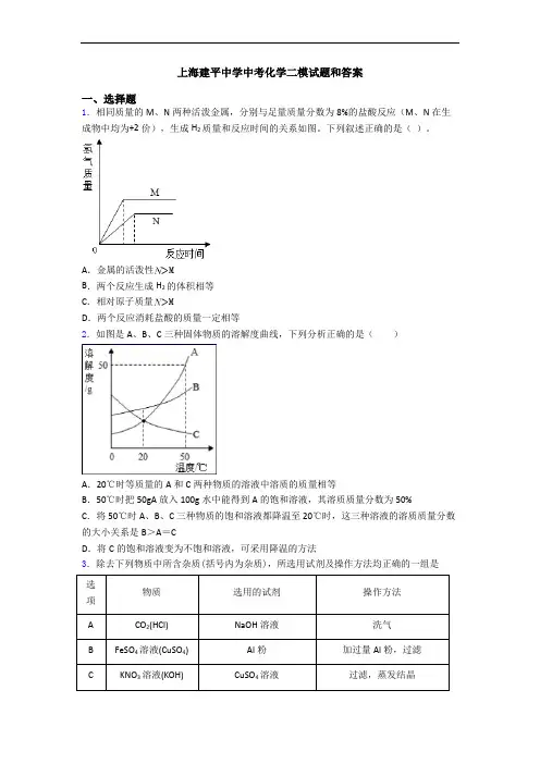 上海建平中学中考化学二模试题和答案