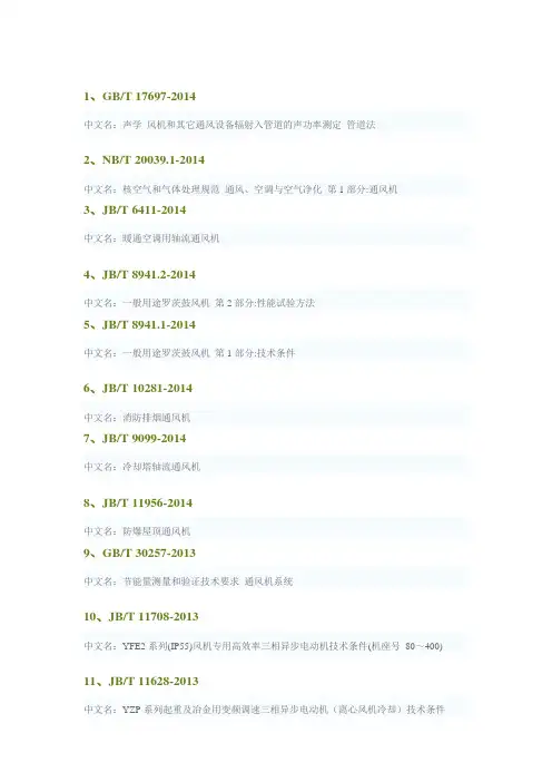通风机现行标准目录(2015)