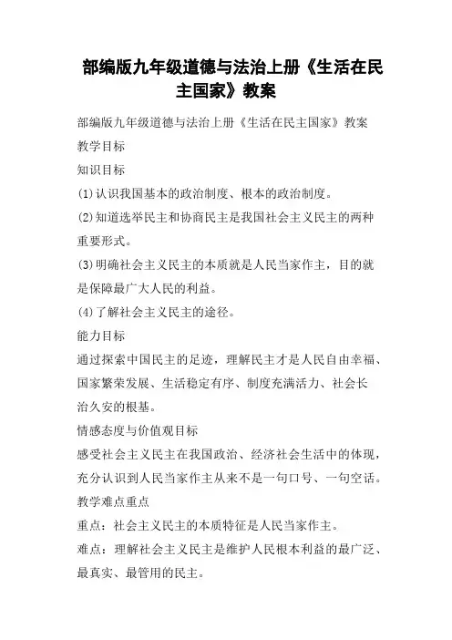 部编版九年级道德与法治上册《生活在民主国家》教案