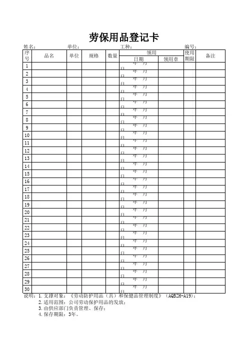 劳保用品登记卡