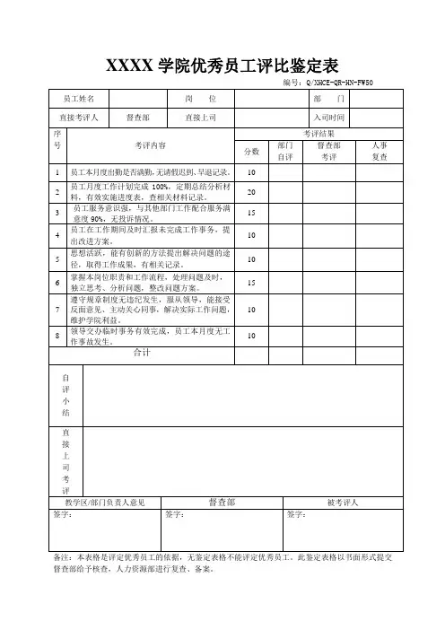 优秀员工评比鉴定表