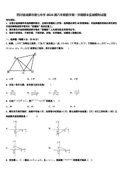四川省成都市第七中学2024届八年级数学第一学期期末监测模拟试题含解析