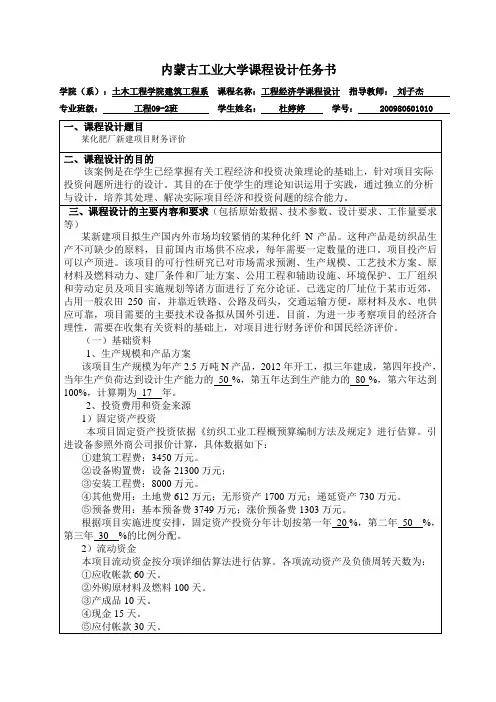 工程经济学课程设计任务书,评价报告,报表