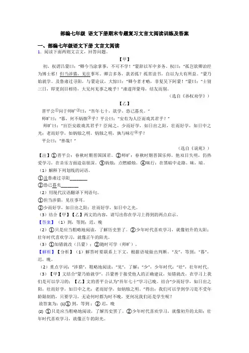 部编七年级 语文下册期末专题复习文言文阅读训练及答案