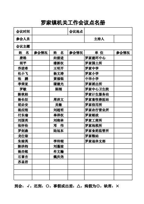 镇机关工作人员会议点名册