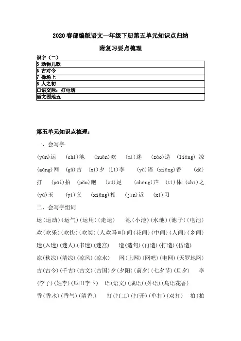 2020春部编版语文一年级下册第五单元知识点归纳 附复习要点梳理(识字二)