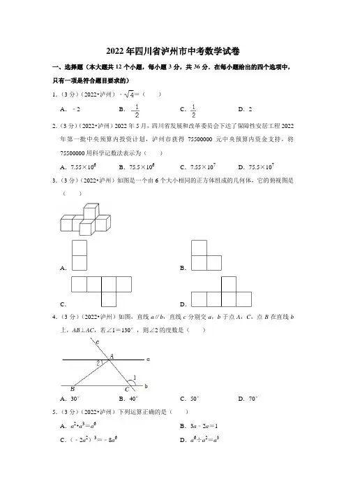 2022年四川省泸州市中考数学试卷(含答案)