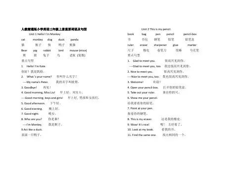人教精通版小学英语三年级重点句型和单词