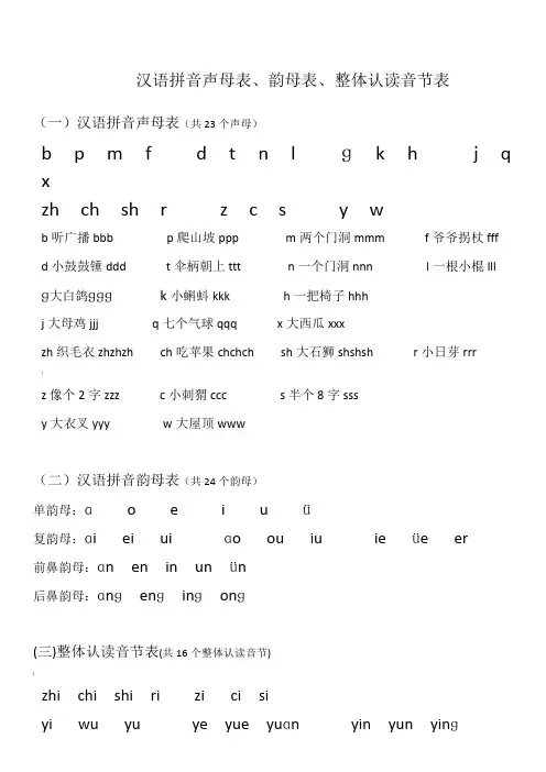 汉语拼音声母表、韵母表、整体认读音节表