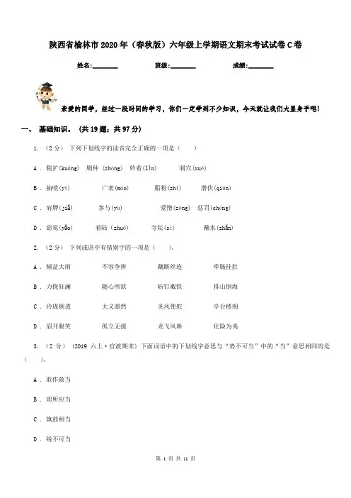 陕西省榆林市2020年(春秋版)六年级上学期语文期末考试试卷C卷