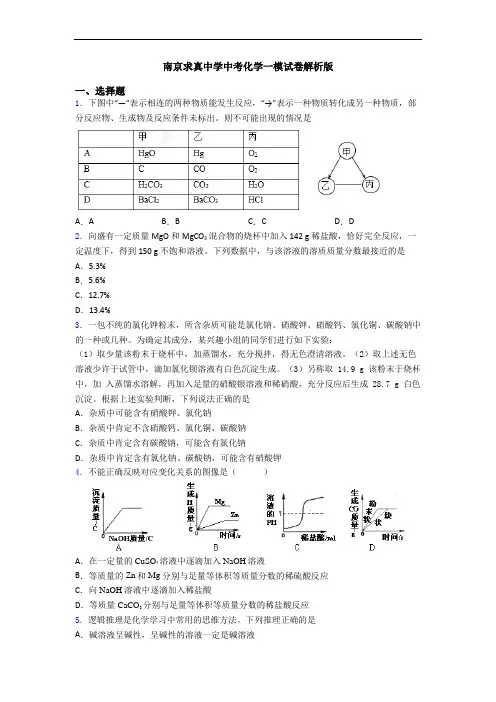 南京求真中学中考化学一模试卷解析版