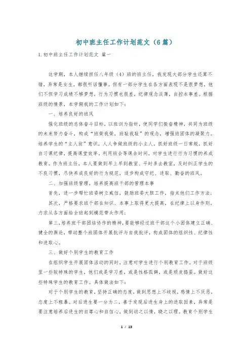 初中班主任工作计划范文(6篇)