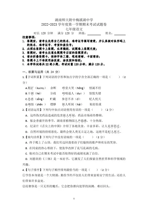湖南省长沙市师大附中梅溪湖中学2022-2023学年七年级上学期期末语文试题
