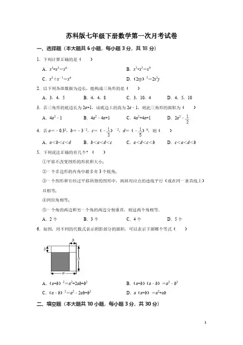 苏科版七年级下册数学第一次月考试卷