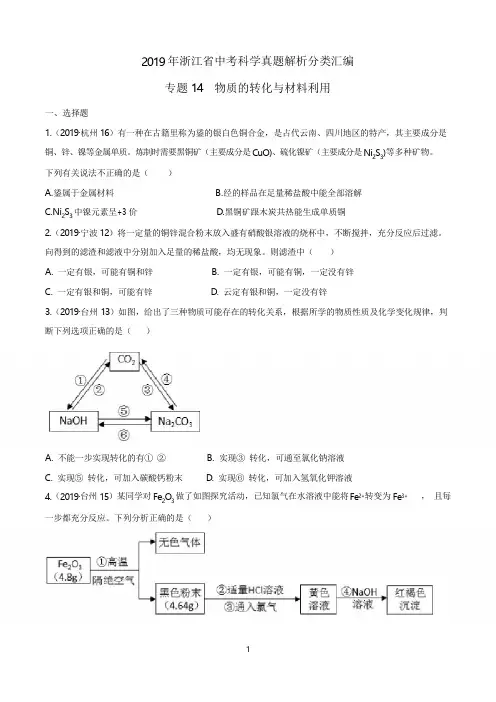 2019年浙江省中考科学真题解析分类汇编专题14 物质的转化与材料利用