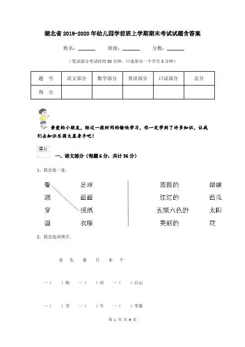 湖北省2019-2020年幼儿园学前班上学期期末考试试题含答案