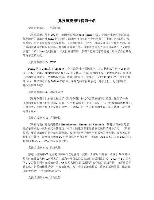 竞技游戏排行榜前十名