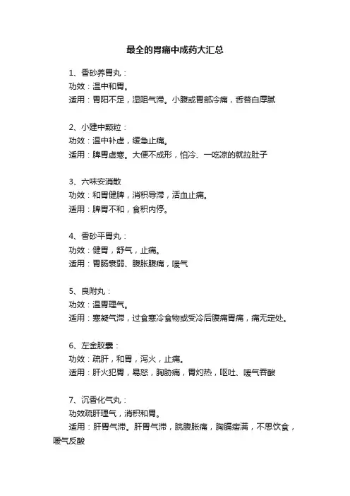 最全的胃痛中成药大汇总