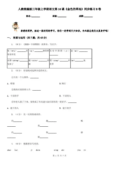 人教统编版三年级上学期语文第16课《金色的草地》同步练习B卷