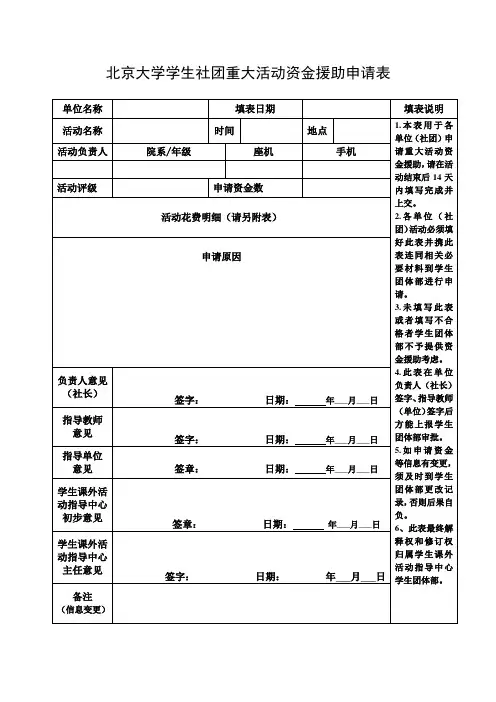 北京大学学生社团重大活动资金援助申请表