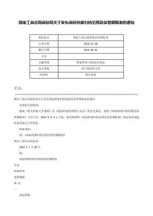 国家工商总局商标局关于发布商标档案归档范围及保管期限表的通知-