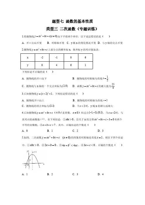 题型七 函数的基本性质 类型三 二次函数(专题训练)(原卷版)