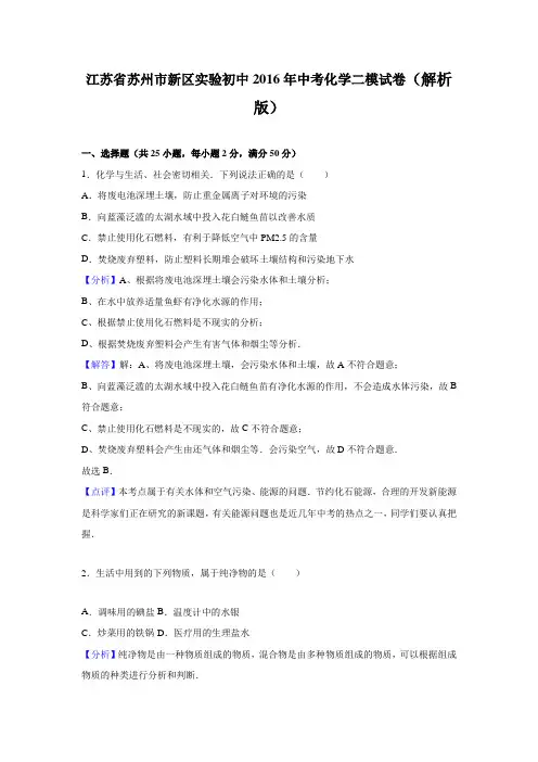 江苏省苏州市新区实验初中2016年中考化学二模试卷(解析版)