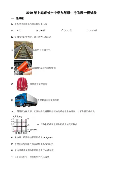 上海市长宁区长宁中学2019届九年级下学期中考一模物理试卷含详解