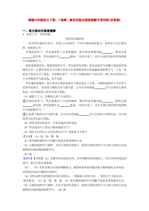 部编六年级语文下册：7汤姆·索亚历险记阅读理解专项训练(含答案)