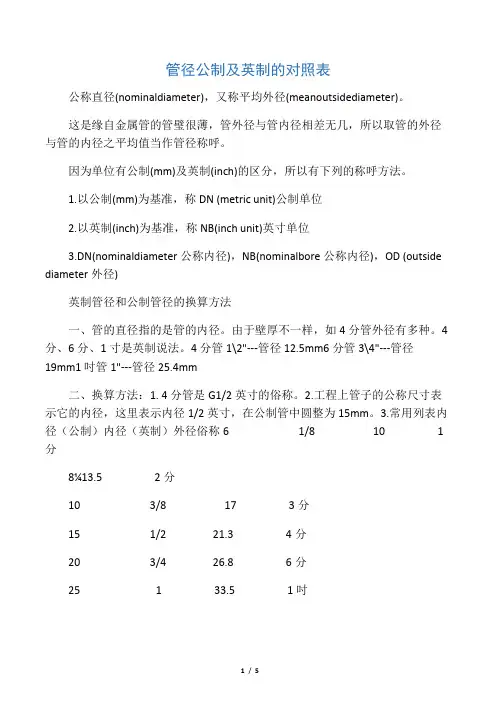 管径公制及英制的对照表