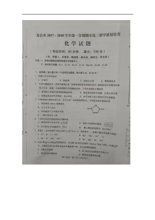 福建省龙岩市高三上学期期末考试  化学 扫描版含答案