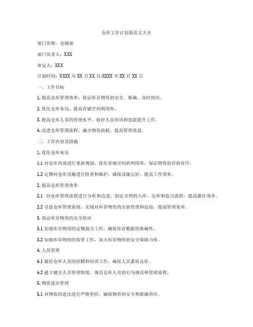 仓库工作计划表范文大全