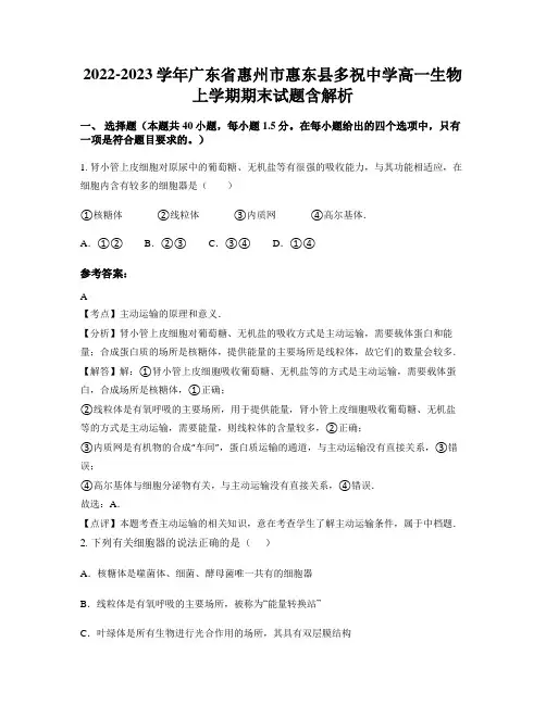 2022-2023学年广东省惠州市惠东县多祝中学高一生物上学期期末试题含解析