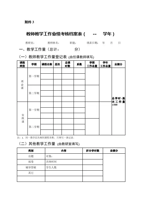 教师教学工作业绩考核档案表