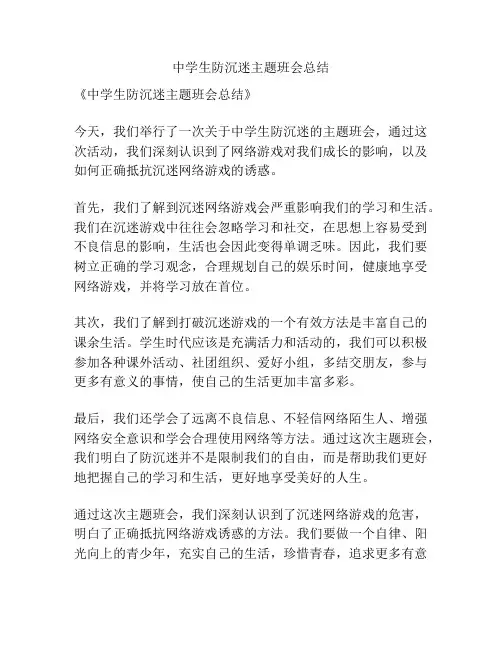 中学生防沉迷主题班会总结