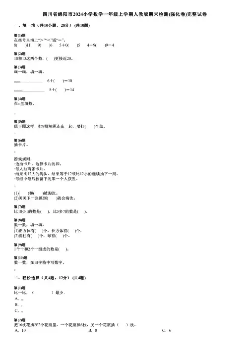 四川省绵阳市2024小学数学一年级上学期人教版期末检测(强化卷)完整试卷