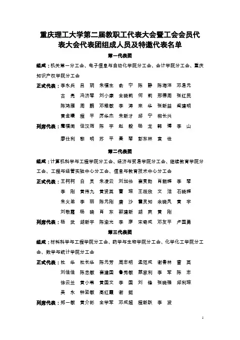 重庆理工大学第二届教职工代表大会暨工会会员代表大会代表