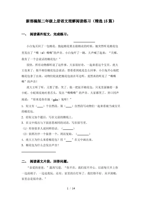新部编版二年级上册语文理解阅读练习(精选15篇)