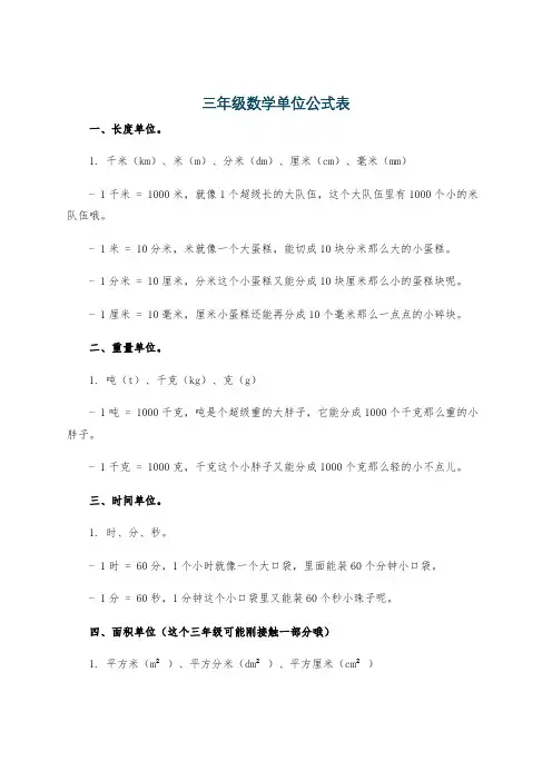 三年级数学单位公式表