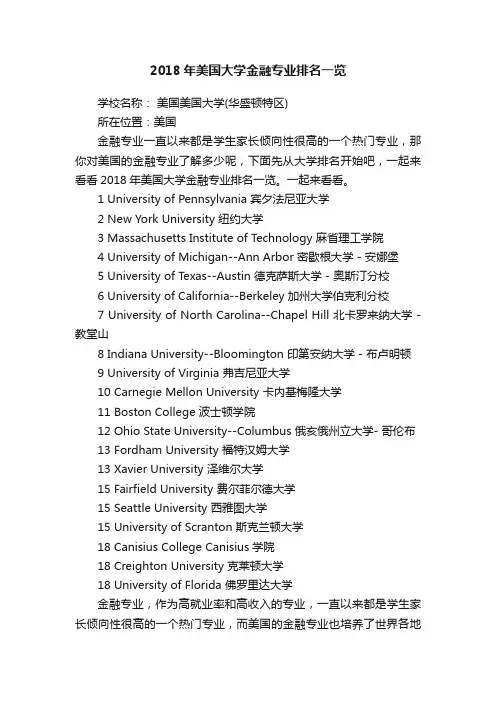 2018年美国大学金融专业排名一览