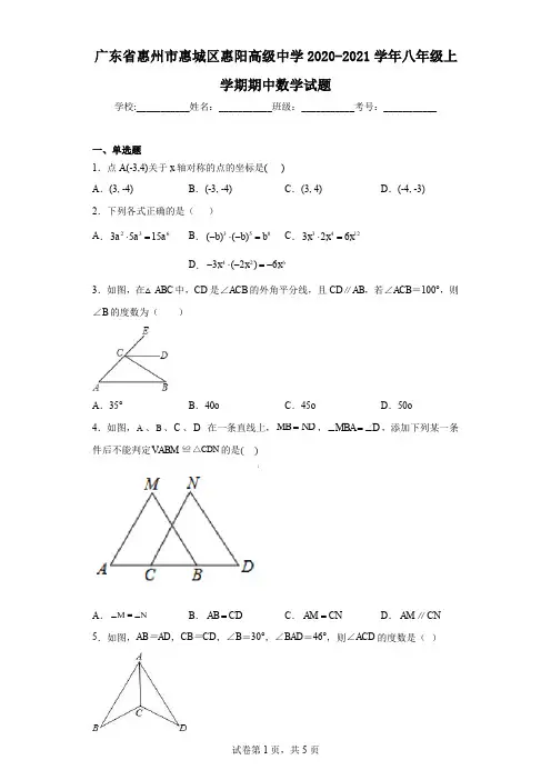 广东省惠州市惠城区惠阳高级中学2020-2021学年八年级上学期期中数学试题