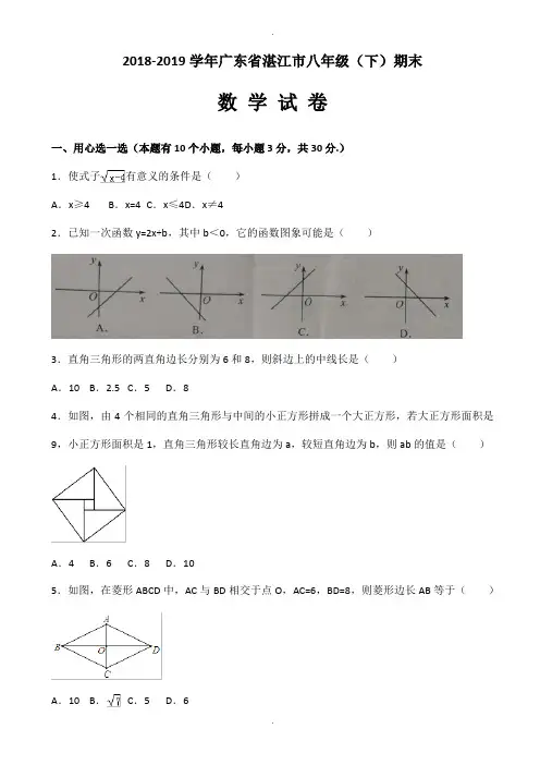 广东省湛江市2018-2019学年八年级下期末考试数学试题有答案