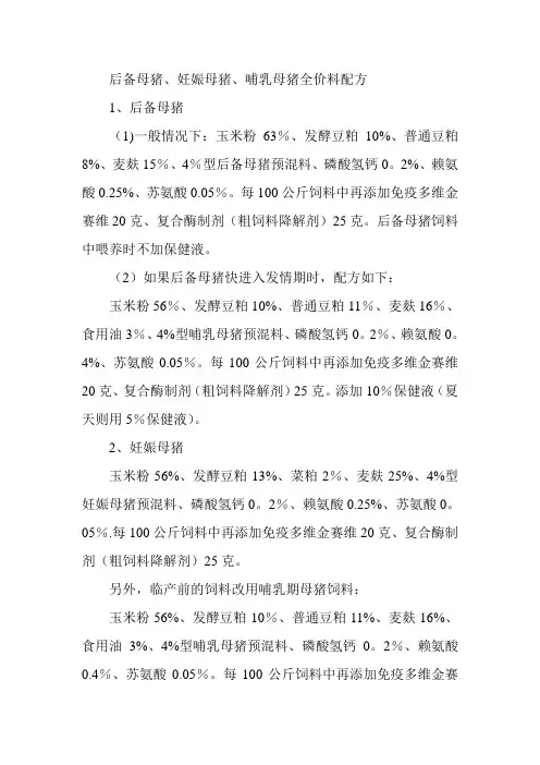 后备母猪、妊娠母猪、哺乳母猪全价料配方